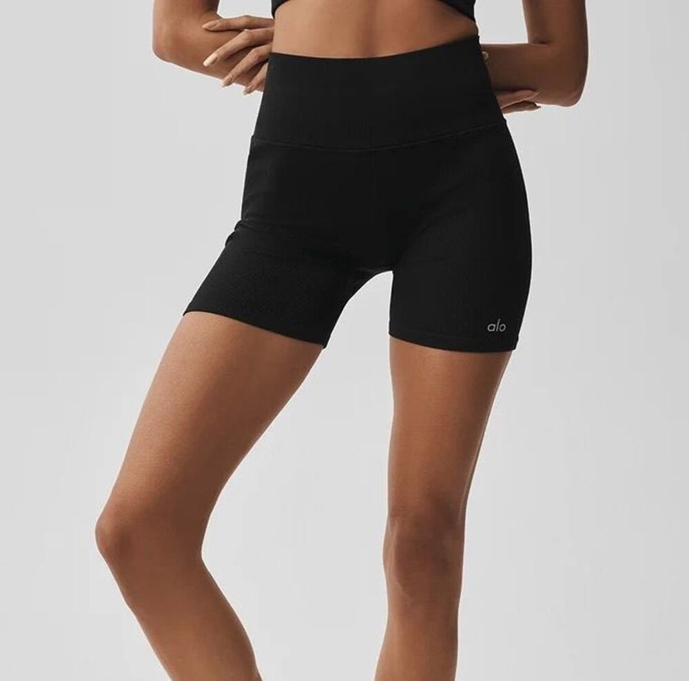 Alo Yoga Black Ribbed High Waist Biker Shorts Size XS